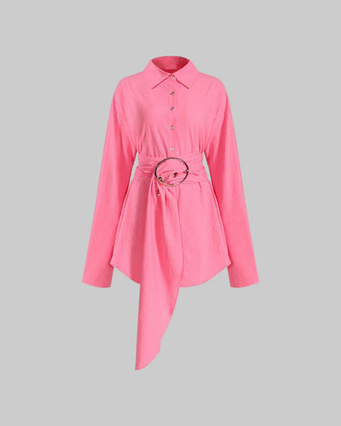 Vacation Long Sleeve Shirt Dress with Lace-Up Waist - Modestly Vogue